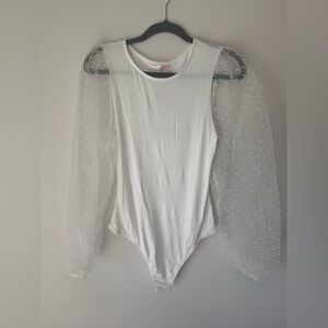 Elegant White Sheer Bubble Sleeve Bodysuit